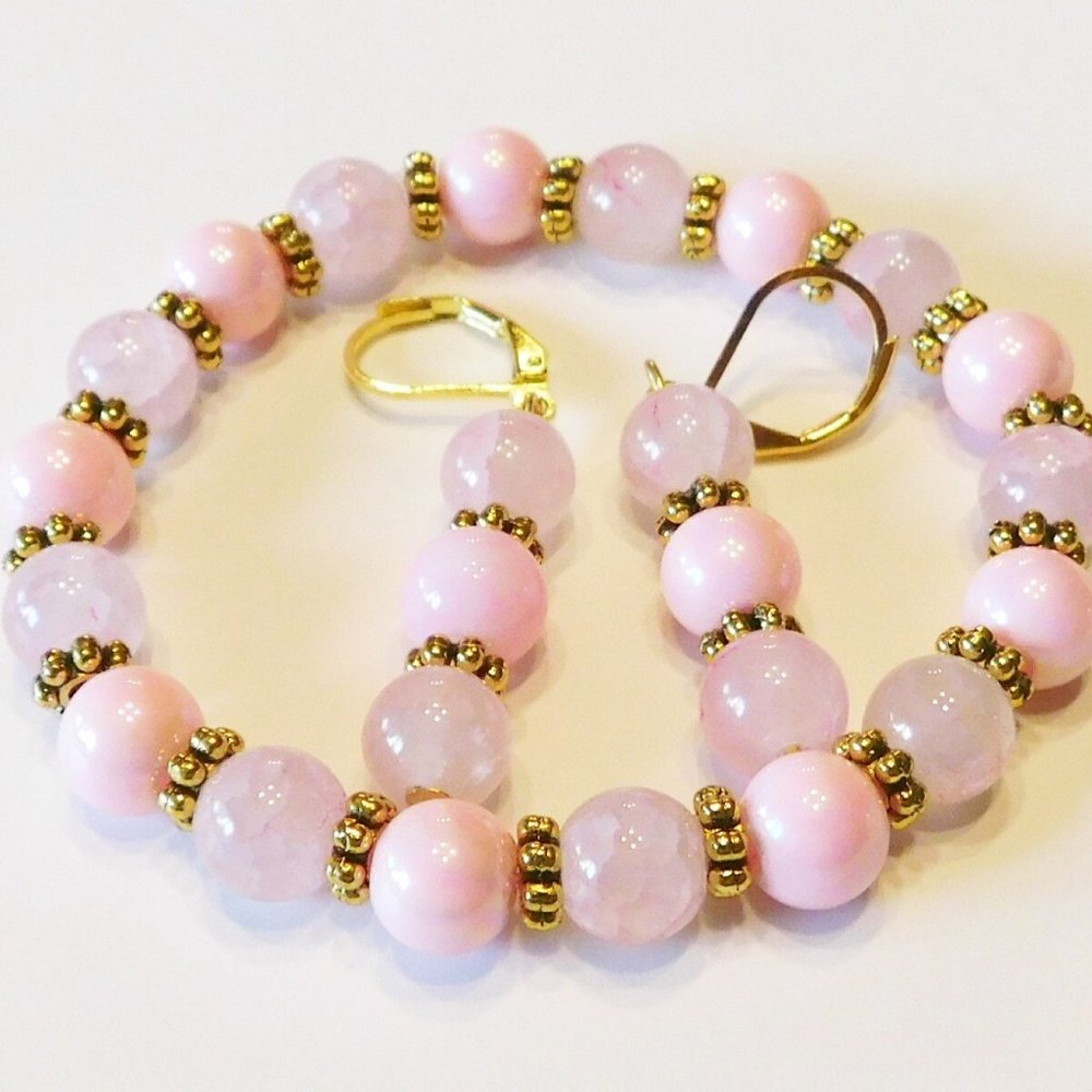 Handmade Pink Glass Beaded Stretch Bracelet & Matching Earrings - 6.5"
